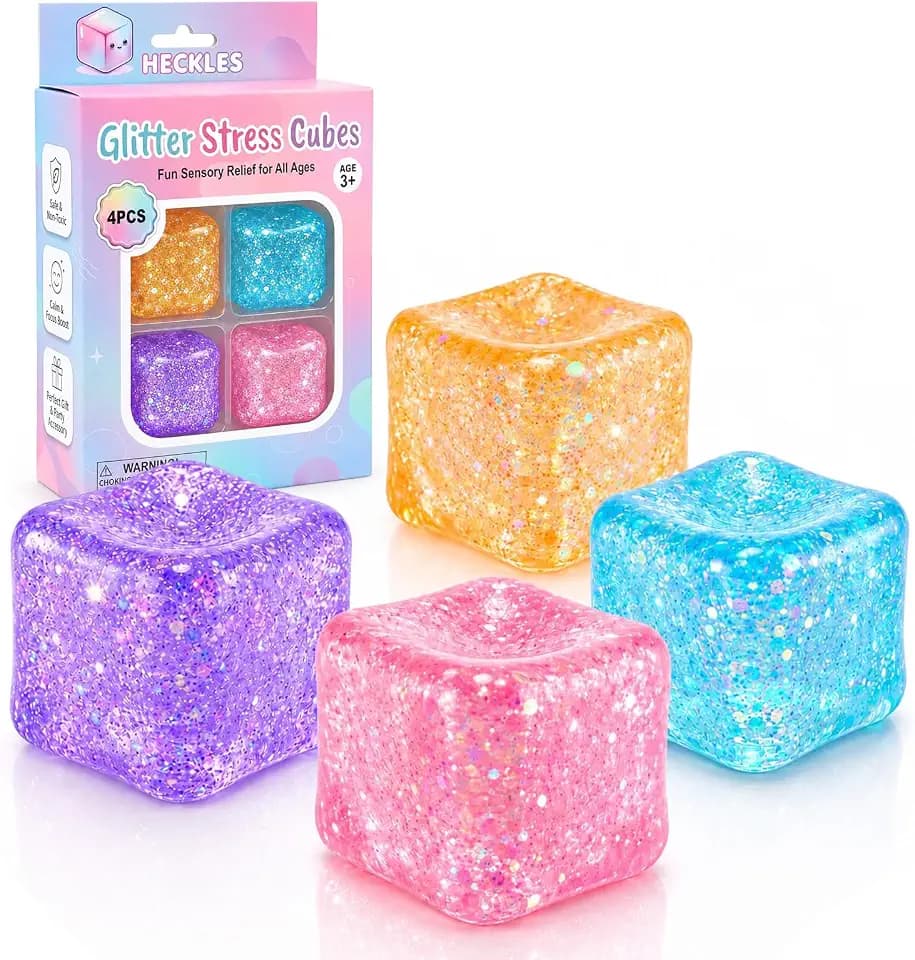 4-Pack Glitter Stress Cube Squishy Toys, Soft Squeeze Stress & Fidget Toys
