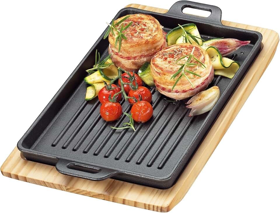 KÜCHENPROFI BBQ Grillpfanne Gusseisen, 32×22×3,5 cm, Holzbrett, Rillen