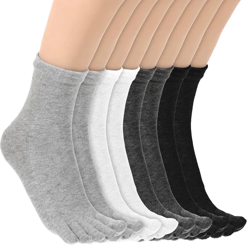 4 Pair Toe Socks Women Five Finger Cotton Socks with Toes Separated for Women Men Individual Running Toe Crew Sock Black, White, Dark, Grey, Light Grey
