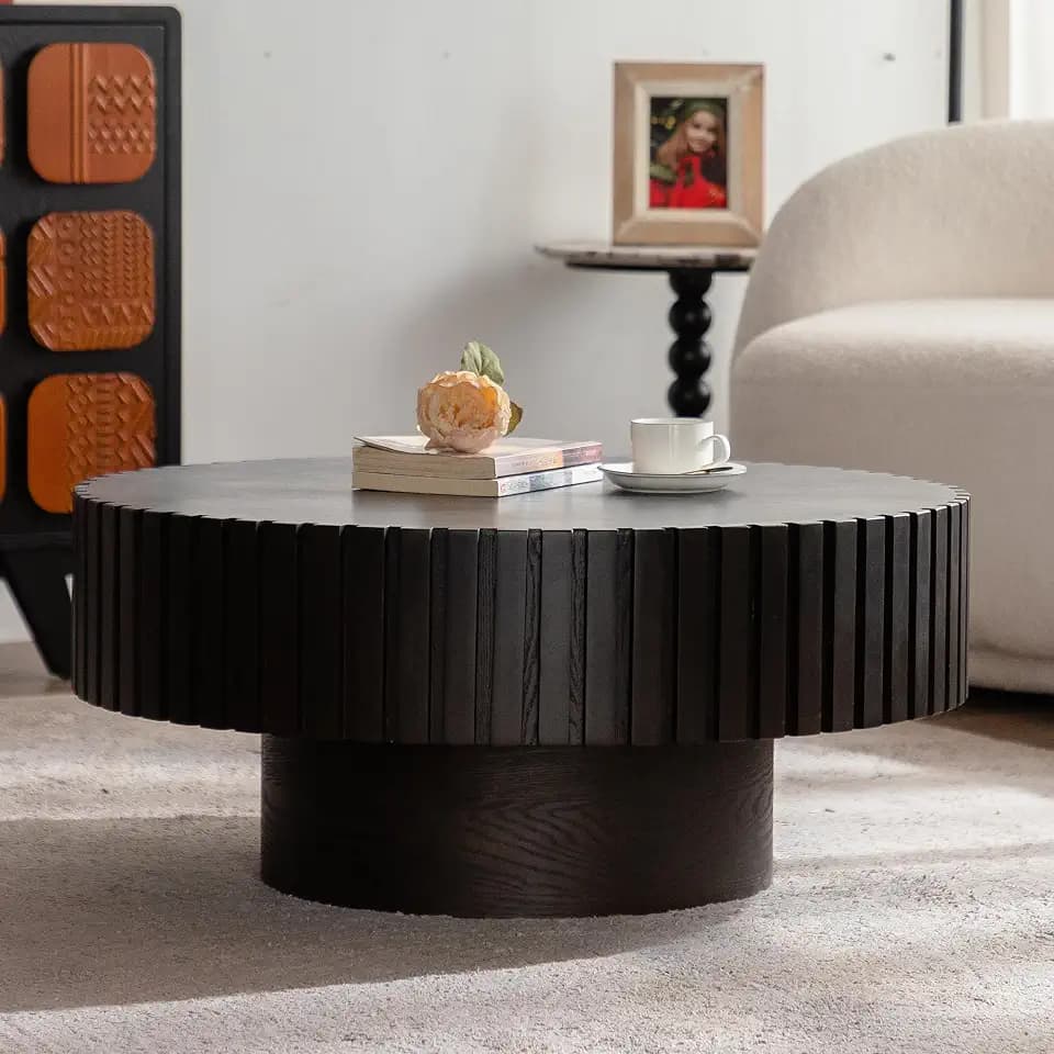 GDFStudio 31.5" Round Coffee Table, Handcrafted Grooves Relief Circle Coffee Table with MDF Pedestal, Modern Small Round Coffee Tea Tables Home Decor, Accent Side Table for Living Room, Walnut+Black