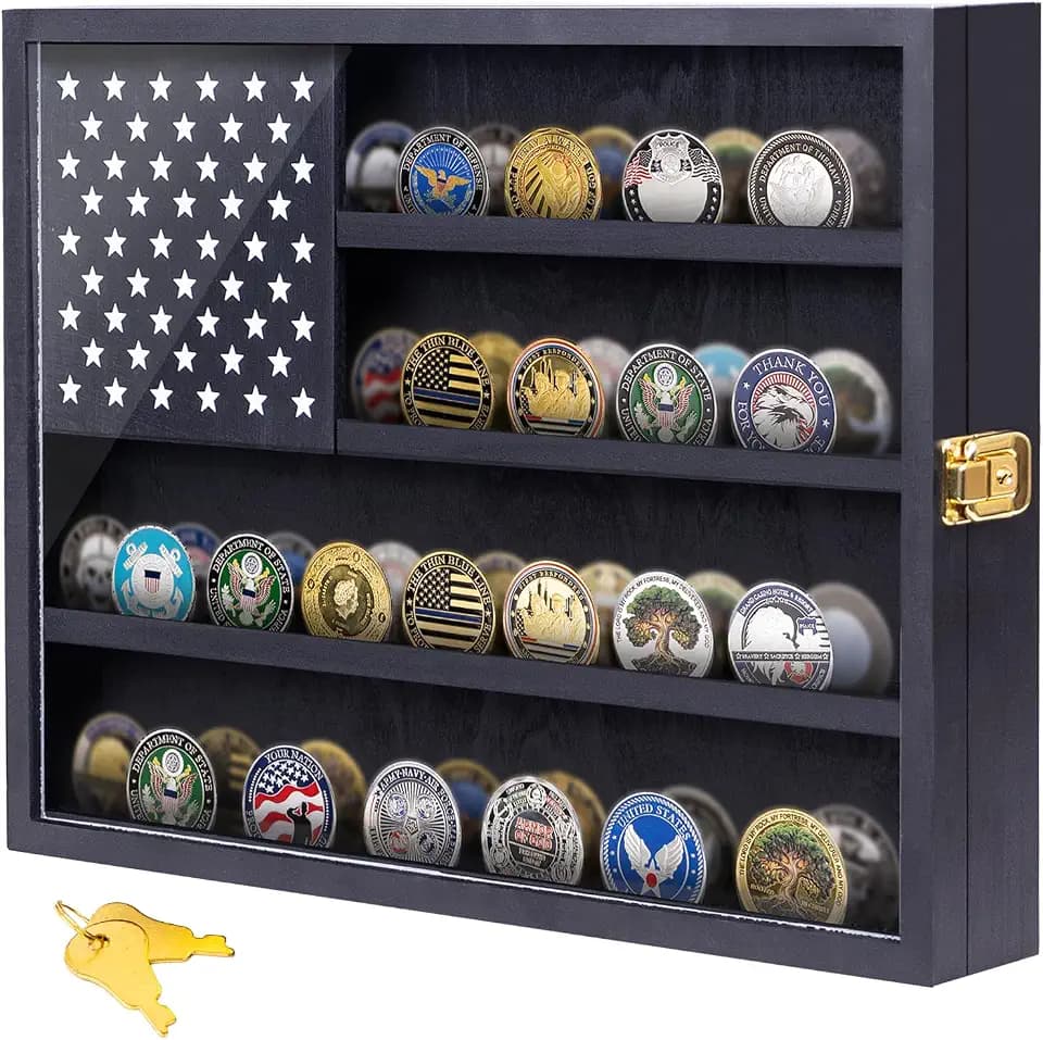 Military Challenge Coin Display Case, 16”x12” Wooden American Flag Medal Shadow Box with Anti-Fade UHD Acrylic Door, Gold-Antitheft Lock, 2 Groove Shelves and Wall Mount (Black184)