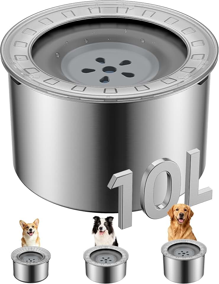 Heouvo 10L Großer Hundenapf ohne Verschütten, 【Anti-Schaufel-Deckel & Gummiboden】 Auslaufsicherer Napf, Spritzwasserfest, Tropffrei, Langsames Trinken aus Edelstahl für Wilde Trinker & Auto