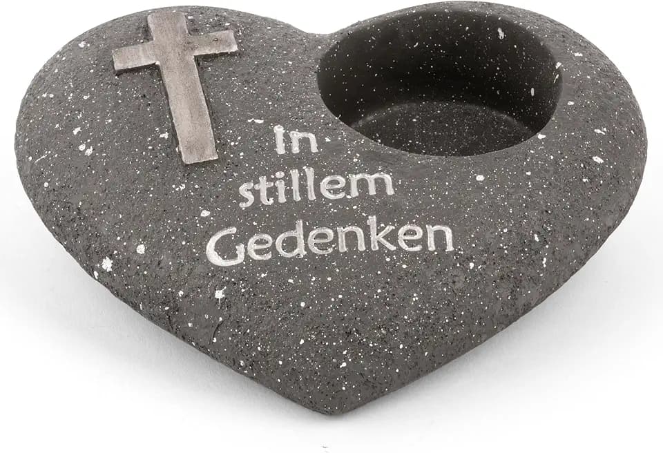 Novaliv Grabschmuck Herz Anthrazit mit Kreuz Spruch In stillem Gedenken Grabdeko Grabherz Wetterfest Grabdekoration Gedenkstein Teelichthalter Trauerstein
