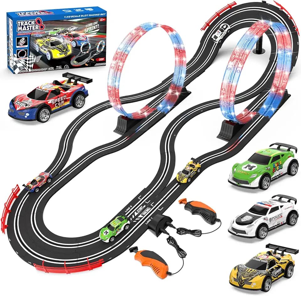 2-in-1 Slot Car Race Track Sets with 4 High-Speed Cars, Electric Track, Dual Racing Game with 2 Controllers, Circular Overpass Design Featuring Flash Tracks. Toy Gift for Boys Kids Ages 6-8 8-12