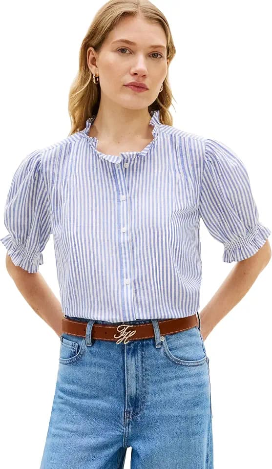 Tommy Hilfiger Women's Short Sleeve Button Down Blouse with Puff Sleeve, Women's Button Down Shirts