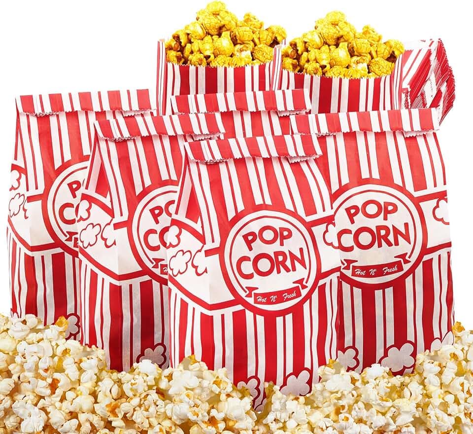 Tebery 200 Stück Popcorn Tüte, Papier Popcorntüten, Popcorntüten Klein, Movie Night Popcorn Box Candy Tüte, Rot-Weiß Gestreift, 9 x 6 x 21cm