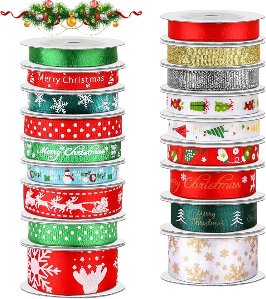 SANNIX 18 Rollen 90 Yards Weihnachtsbänder, bedruckt, Ripsband, metallischer Glitzer, Bastelstoff für Weihnachten, Geschenkverpackung, Dekoration, 3 Größen