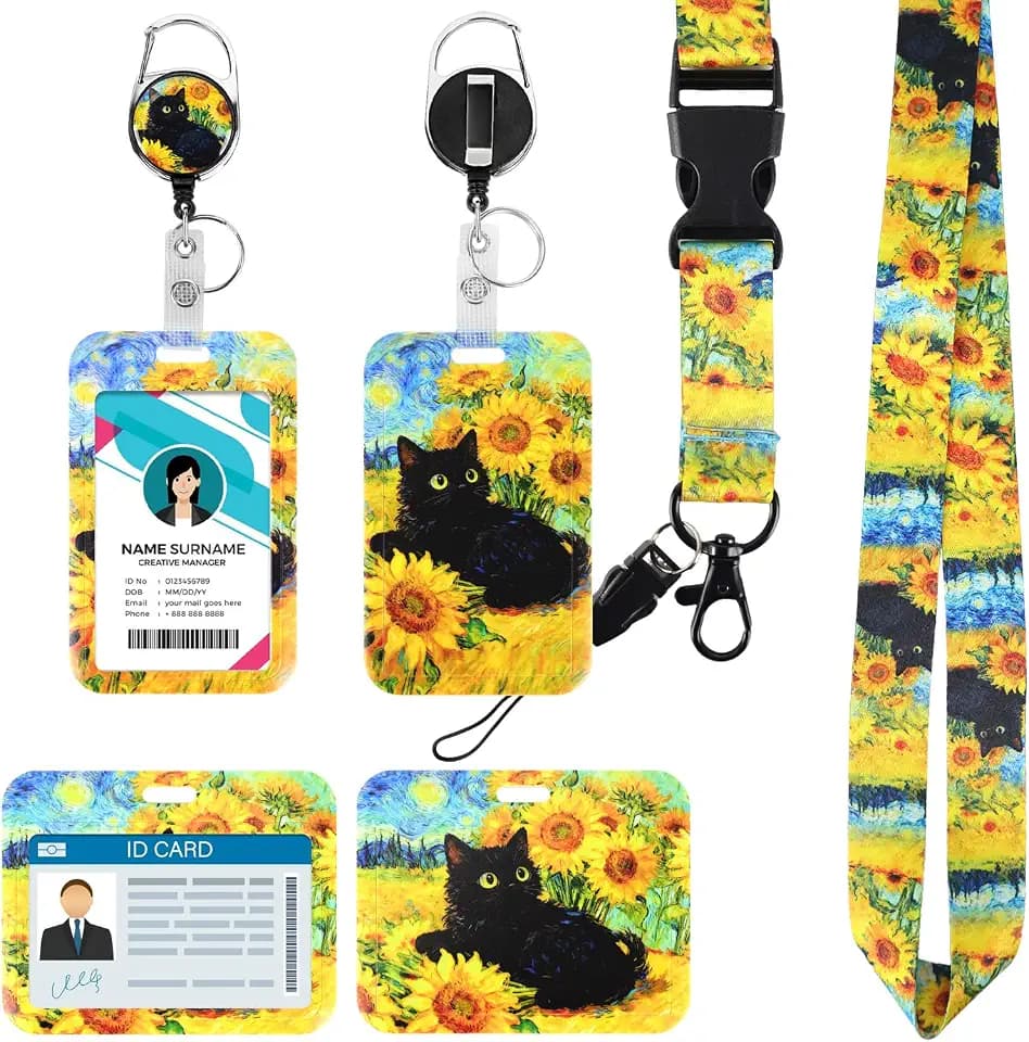 Ausweishülle mit Band – Kartenhülle mit Band & Ausweishalter Ausziehbar, Lanyard mit Kartenhülle für Büro, Schule, Events – Robust, Sicherer Kartenhalt, Bequem Tragbar (Sonnenblumenkatze)