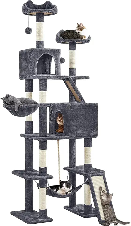 Yaheetech Riesenkratzbaum, Höhe 209 cm, mehrstufig, mit Sisalstämmen, Katzenbaum aus Holz mit Kratzstämmen, 2 Sitzstangen, niedliches Design, 2 große Höhle, Korb, Hängematte, 2 Kugeln, Dunkelgrau