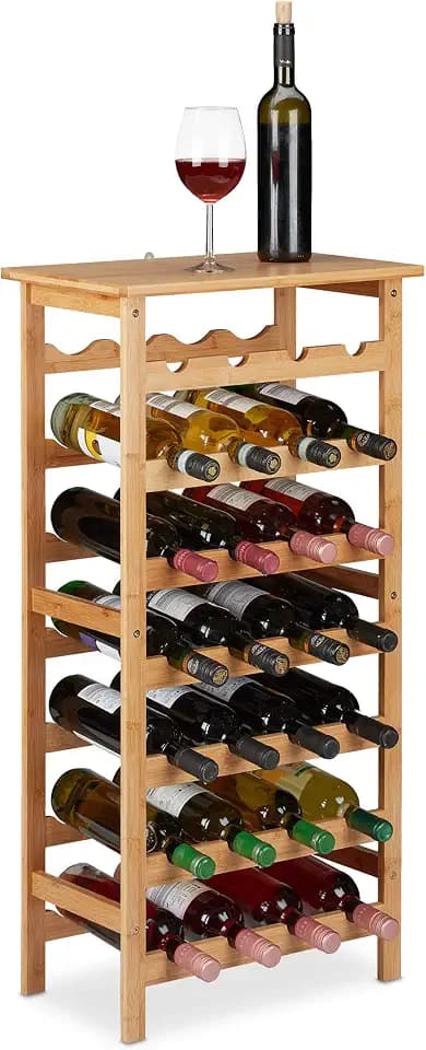 Relaxdays Weinregal Bambus, Getränkeregal für 28 Flaschen, HBT: 94 x 47 x 29 cm, Keller, Küche & Bar, mit Ablage, natur, 1 Stück