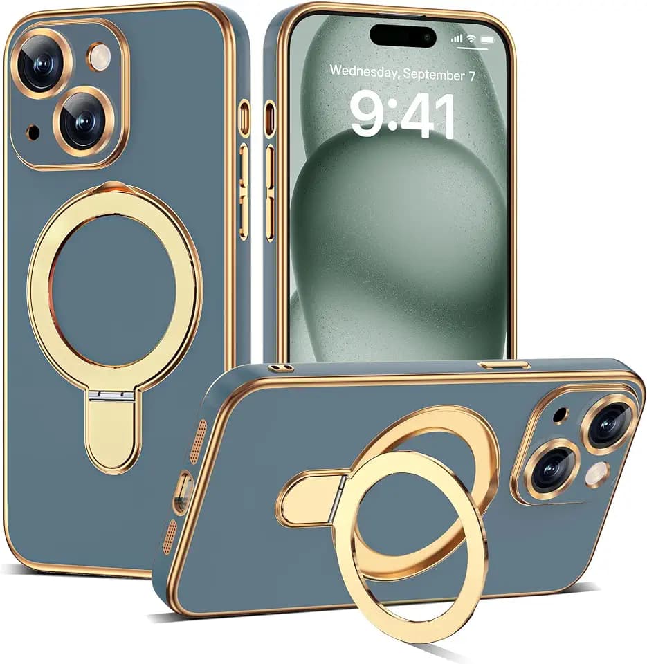 Plating Phone Case for iPhone 15 with Stand 6.1", Grey Blue