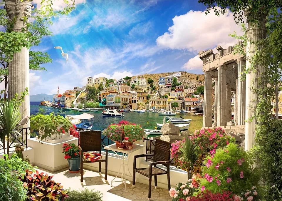 BELECO 10x8ft Fabric Europe Italy Photography Backdrop Tuscany Romantic Terrace View of Mediterranean Bay Boat Costal City Scenery Cafe Restaurant for Italian Theme Party Decorations Photo Props