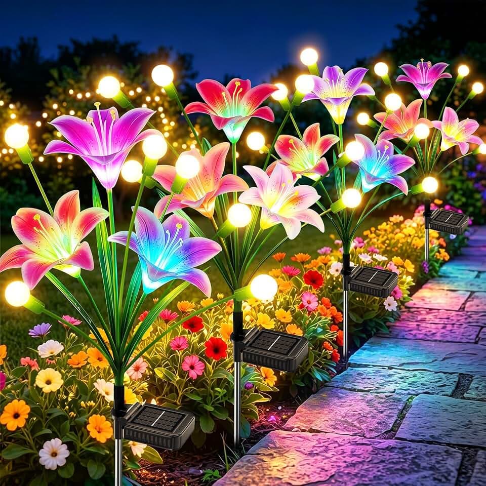 BUCASA Firefly Solarlampen für Außen Garten, 4 Stück 36LED Hell Solarleuchten für Außen mit Warmweiß Glühwürmchen und Farbig Lilien Blumen, Upgraded Swinging Solar Gartenleuchten für Wege Höf Balkon