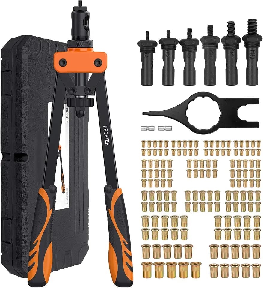 Proster Nietmutternzange Set 14" Professioneller Nietpistole Nietzange Set Doppelgriff Nietpistole mit 6 PCS Austauschbare Dorne Metrische M3 M4 M5 M6 M8 M10 und 150 PCS Nietmuttern -Orange …