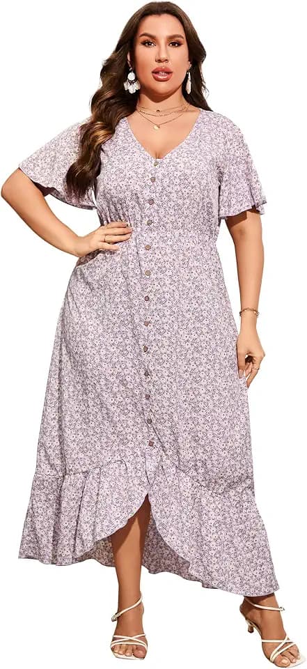 KOJOOIN Women's Plus Size Summer Dress Curvy Women V Neck Button Ruffle Hem High Low Maxi Dress