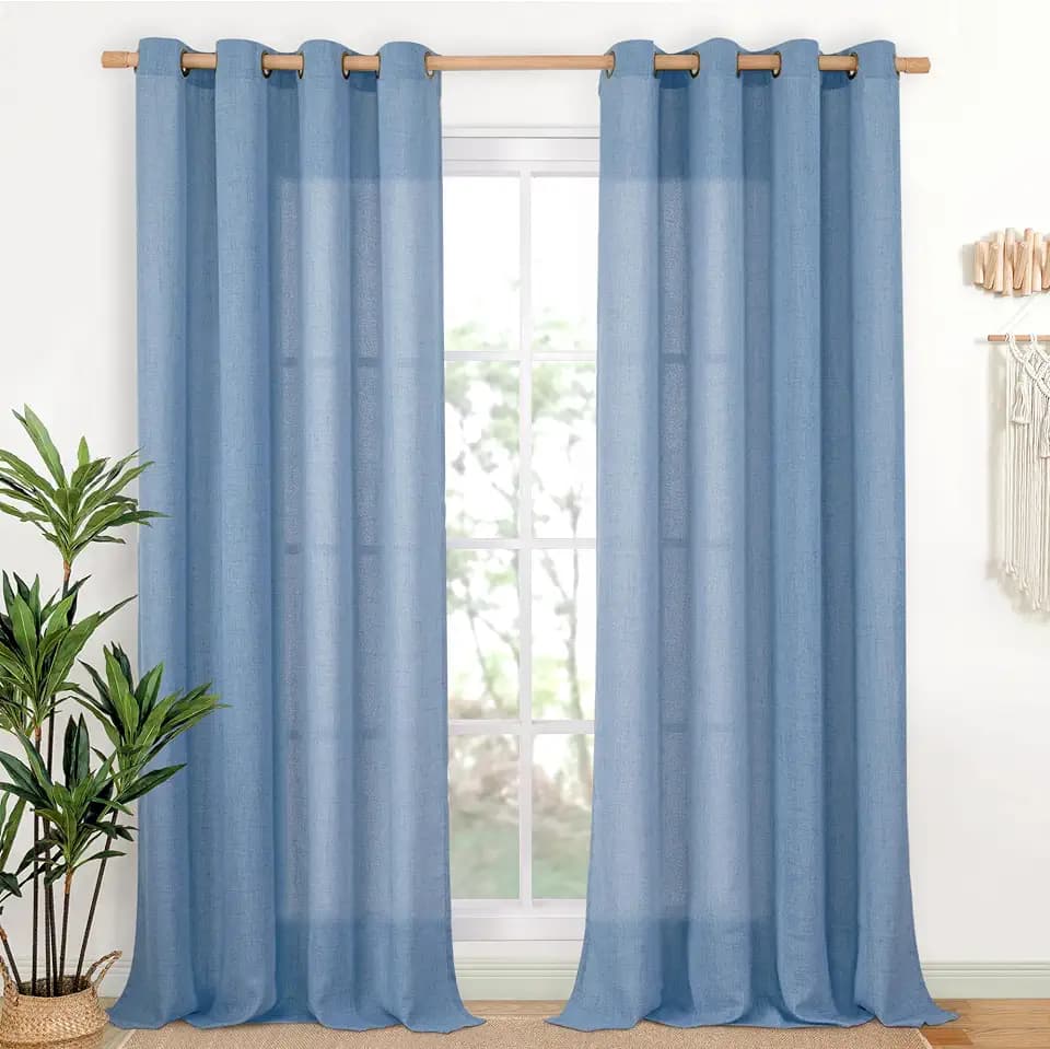 YoungsTex Denim Blue Linen Curtains 95 Inch Length for Living Room, Semi Sheer Drapes with Bronze Grommet Privacy Light Filtering Ocean Decorative for Office Bedroom Window, 52 x 95 Inch, 2 Panels