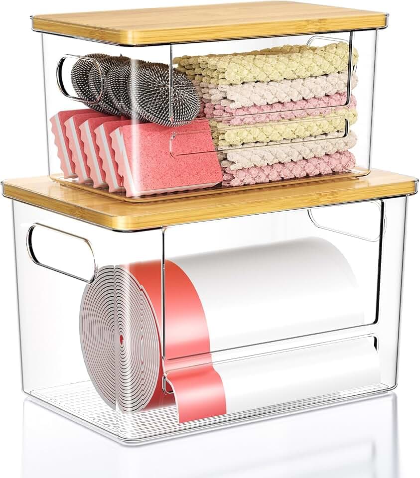 Trash Bag Dispenser 2 Pack, Stackable Trash Bag Holder with Bamboo Lid – Clear Plastic Garbage Bag Organizer for 4-33 Gal Bags, Space-Saving Under Sink Organizer for Kitchen, Laundry, Pantry