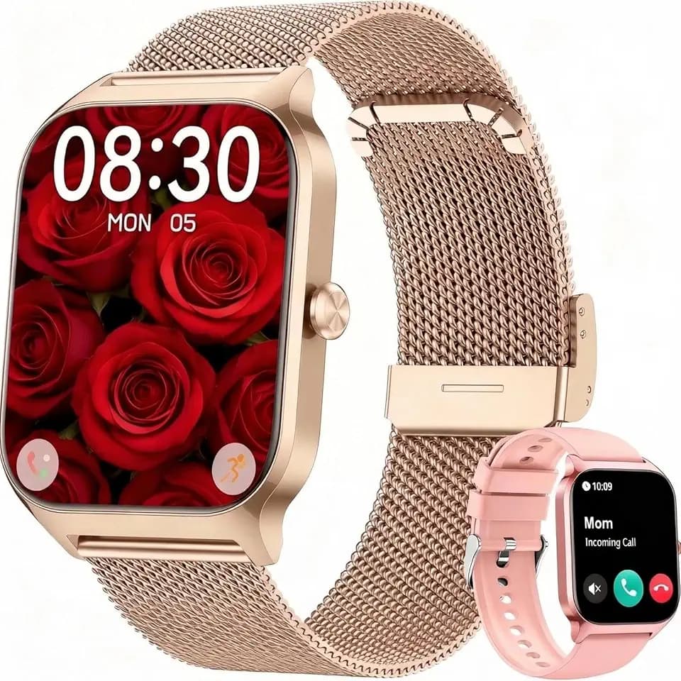 WMK Smart Watch for Women Men, Compatible with iPhone & Android, Bluetooth Calling, Health & Fitness Tracker, 2 Bands Included (Gold Metal + Pink Silicone)