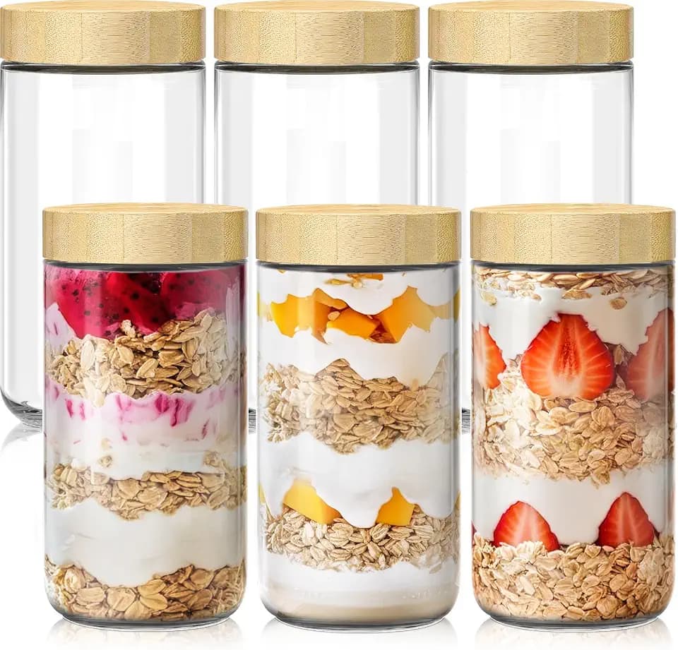 24 oz Glass Overnight Oats Containers, Mason Jars with Bamboo Lids, 6 Pack