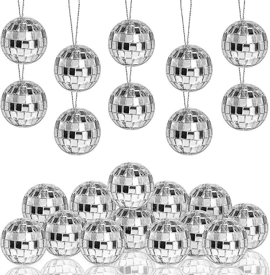 Morofme Discokugel 20 Stück, Silber Mini Discokugeln,Silber zum Aufhängen, Spiegel Discokugeln, Reflektierende Spiegelkugel Ornamente, Kuchendekoration mit Seil Weihnachtsbaum Hochzeit