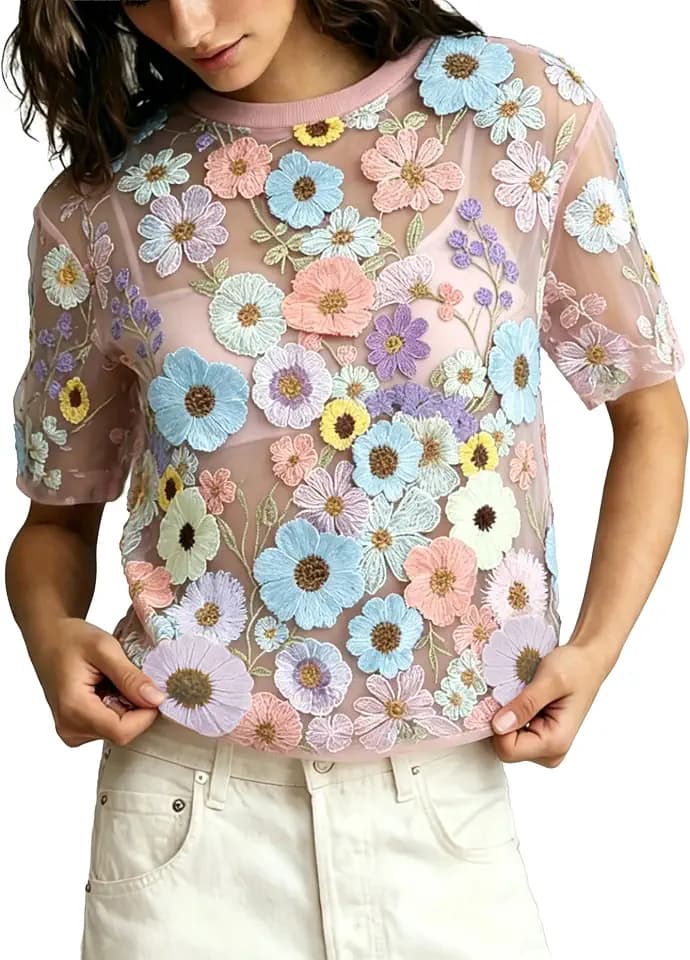 Women's Embroidered Tops 3D Floral Sheer Lace Shirt