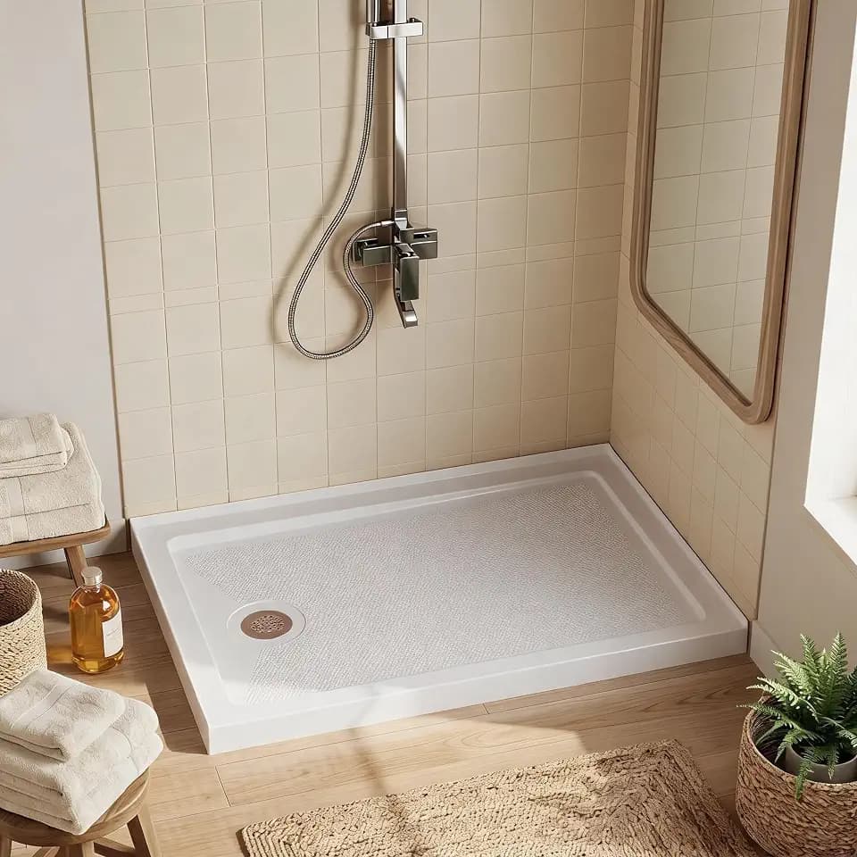 Shower Base 48" x 32", Left Drain PVC Shower Pan with Slip Resistant Surface & Removable Stainless Cover, White Bathroom Floor Tray