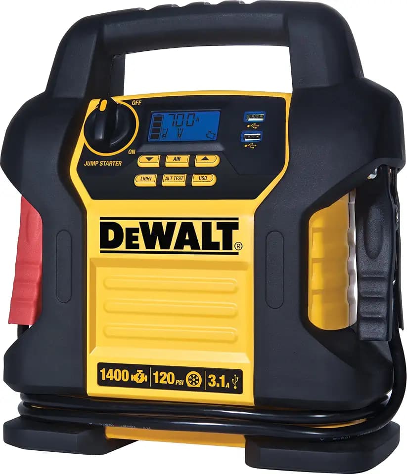 DEWALT DXAEJ14 Digital Portable Power Station Jump Starter 1400 Peak Amp Battery Booster, 120 PSI Digital Air Compressor, 3.1A USB Ports, Battery Clamps