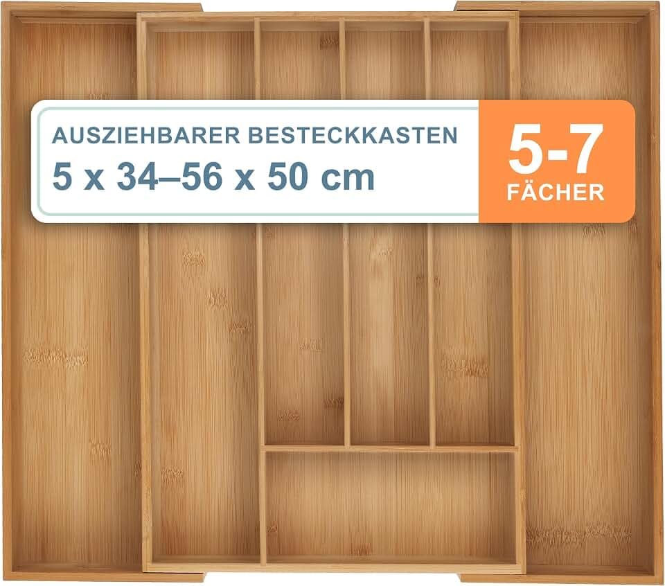 Relaxdays Besteckkasten, ausziehbarer Besteck Schubladeneinsatz, Bambus, versch. Fachanzahl, unterschiedl. Größen, Natur