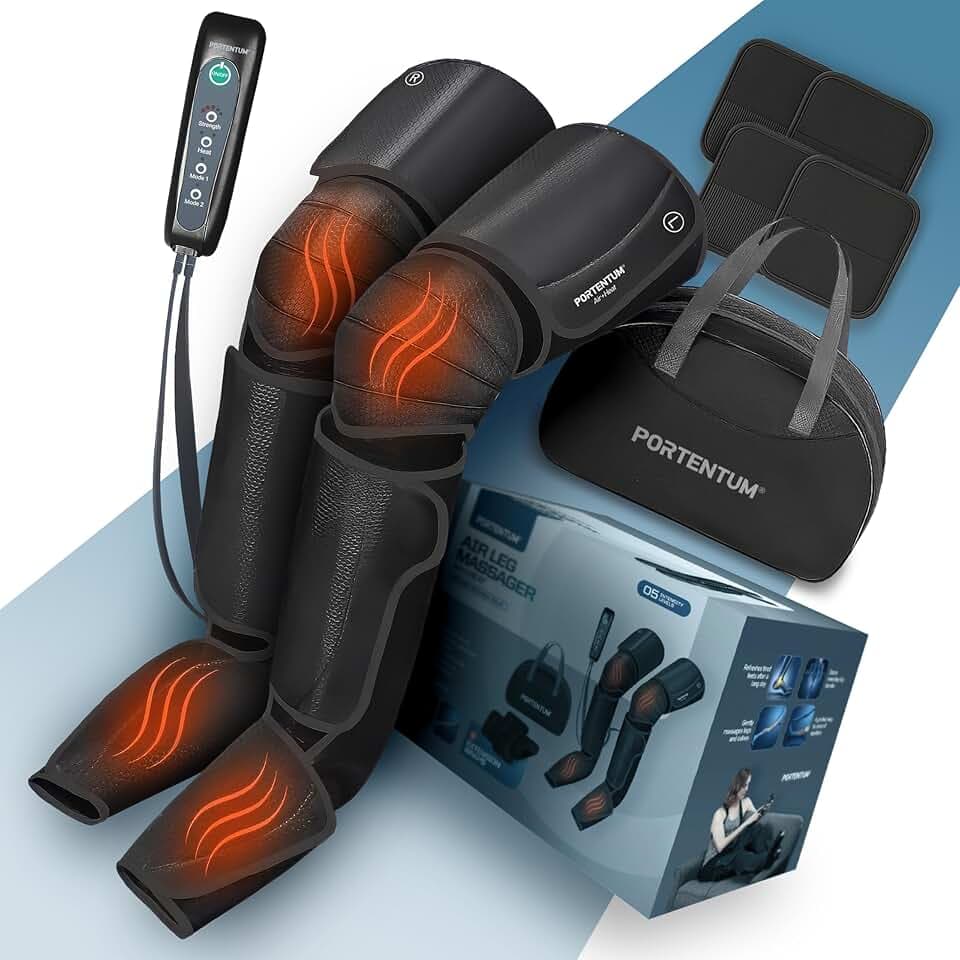 PORTENTUM Lymphdrainage gerät – Bein Massagegerät mit einstellbarer Wärme – 5 Kompressionsstufen – Fernbedienung – lindert müde Beine und fördert die Durchblutung – Transporttasche inklusive