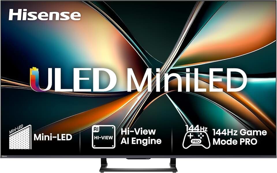 Hisense 55U7Q Fernseher 55 Zoll, 4K Mini LED ULED, Smart TV, Hi-View AI Engine, 144Hz Game Mode Pro, FreeSync Premium, Built in Subwoofer, Dolby Vision IQ Atmos, Airplay, Sprachsteuerung[2025]