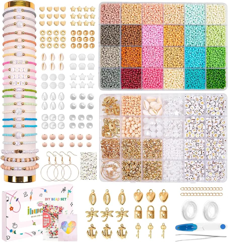 12000 Bunte Morandi Perlen für Armbänder, Selber Machen Perlen Set für Kinder & Erwachsene,Anhänger & Schmuckzubehör | Letterperlen, Muscheln, Gold-Elemente |– Geschenk für Tochter, Freundin