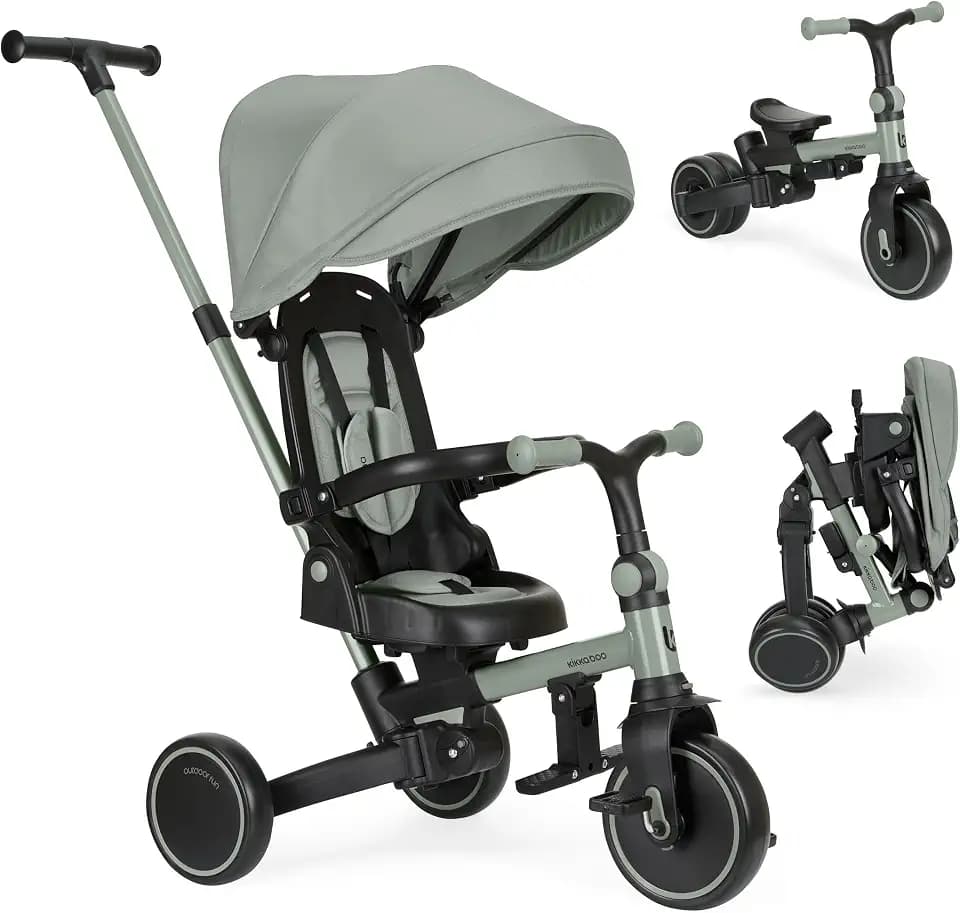 KikkaBoo Dreirad ab 1 Jahr mit Schubstange 8-in-1 ALUMA, Faltbares Kinderfahrzeug mit Drehbarem Sitz, 5-Punkt-Gurt, Aluminiumrahmen, Grün