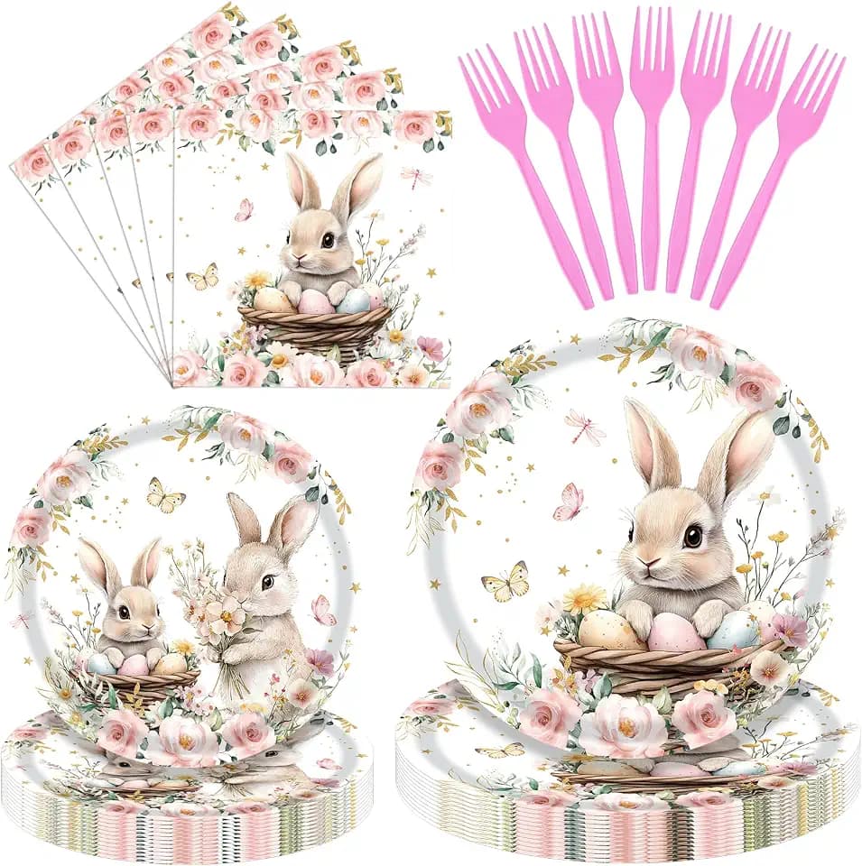 96 Pieces Easter Tableware Set – Bunny Nest Floral Disposable Plates, Napkins, and Forks with Spring Flowers and Pastel Designs for Easter Dinners, Baby Showers, and Spring Parties – Serves 24