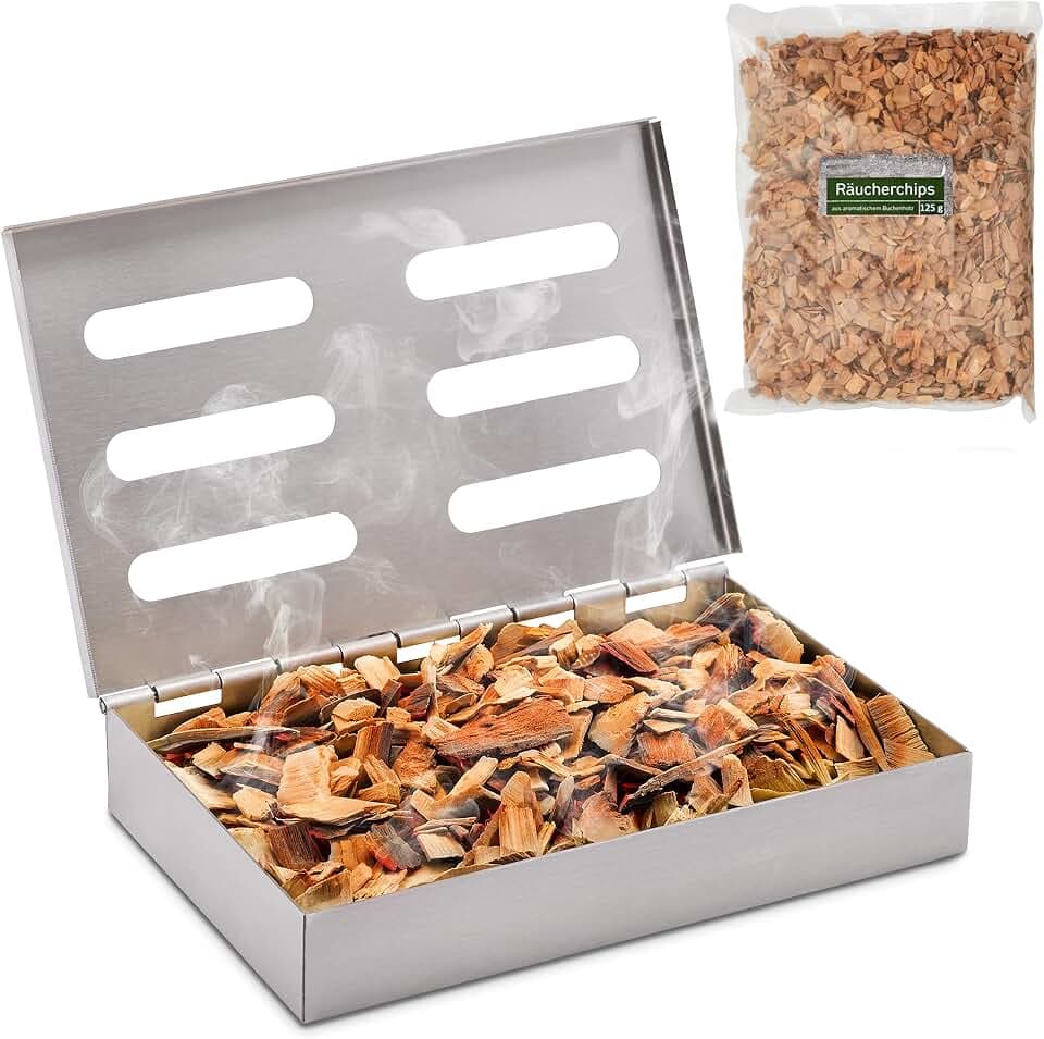 Räucherphorie® Räucherbox-Set - Premium Edelstahl Smoker Box + Räucherchips + E-Book - BBQ Food Smoker in der Premium Variante für Gasgrill Elektrogrill oder Holzkohlegrill (RB1-SET)