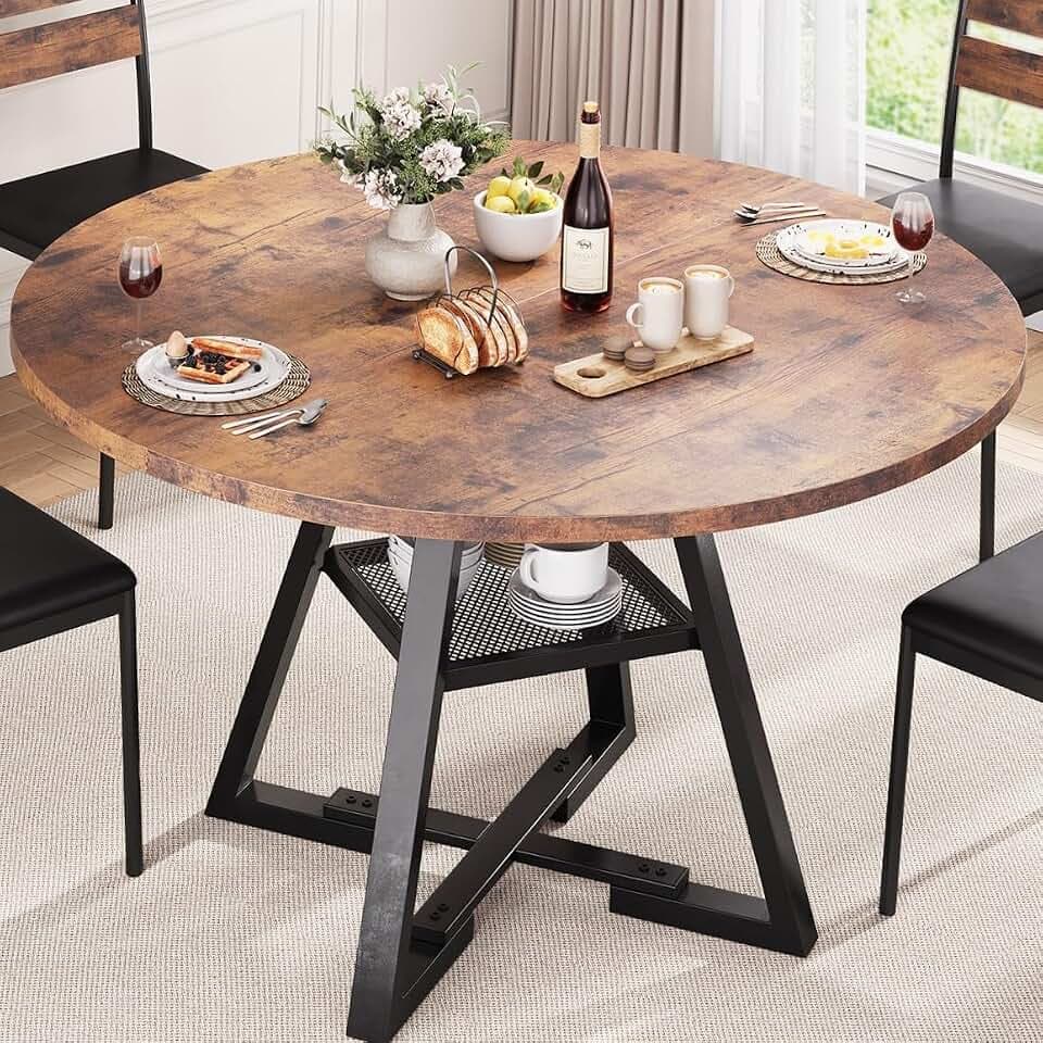 Jocoevol Esstisch Runder für 2–4 Personen, Esszimmertisch mit Ablage, platzsparender Küchentisch aus Holz im Industrial Design (Vintage Braun, 107x107x76cm)