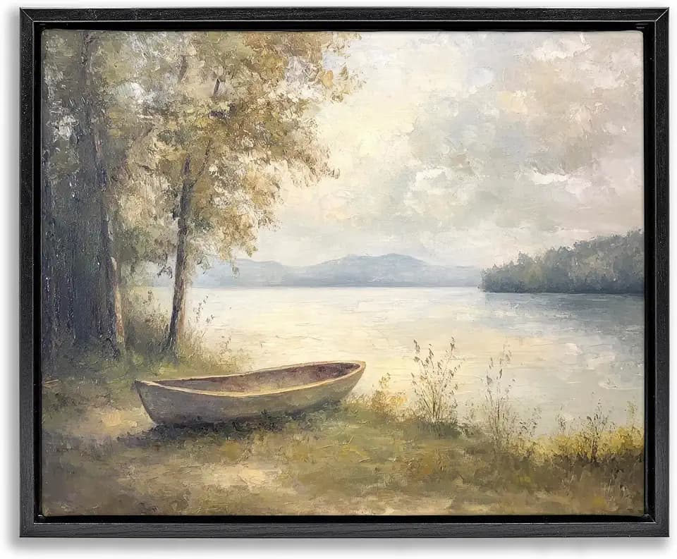 Boat at Lake's Edge Landscape, 24 x 30 Inch Canvas in Floater Frame