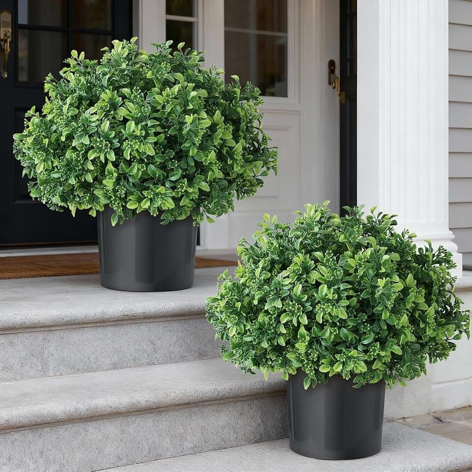 2 Sets Artificial Boxwood Topiary Ball Trees for Front Door Decor (Green)