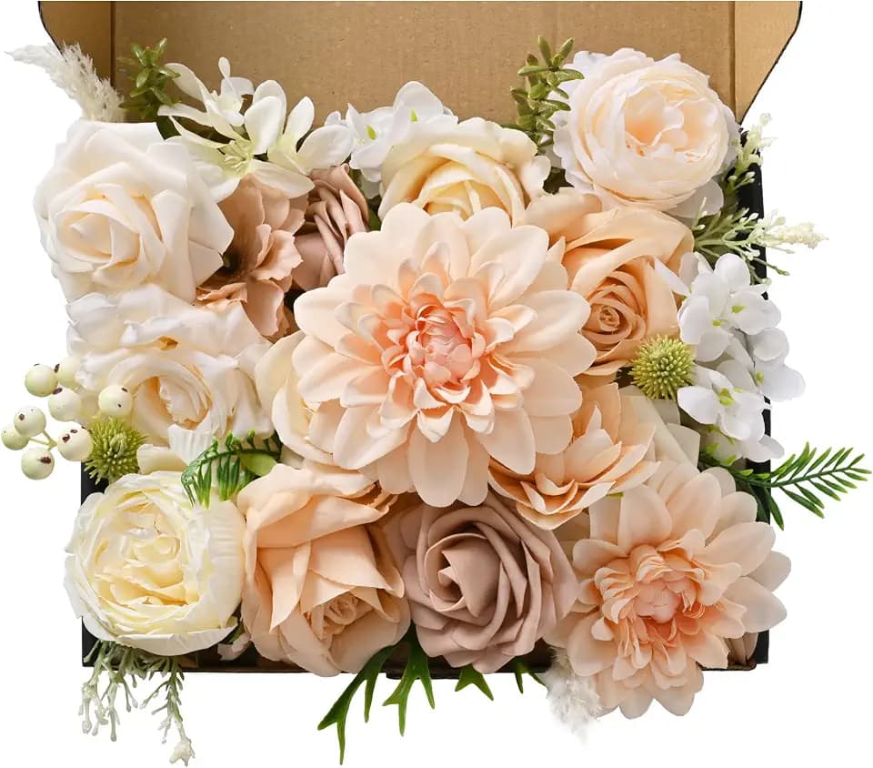 Artificial Flower Box, 31PCS Silk Floral Stems，Neutral Ivory & Champagne