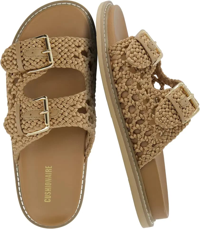 CUSHIONAIRE Weaver Summer Sandals for Women - Shiny Raffia Woven Slip On Womens Slides with Adjustable Buckle