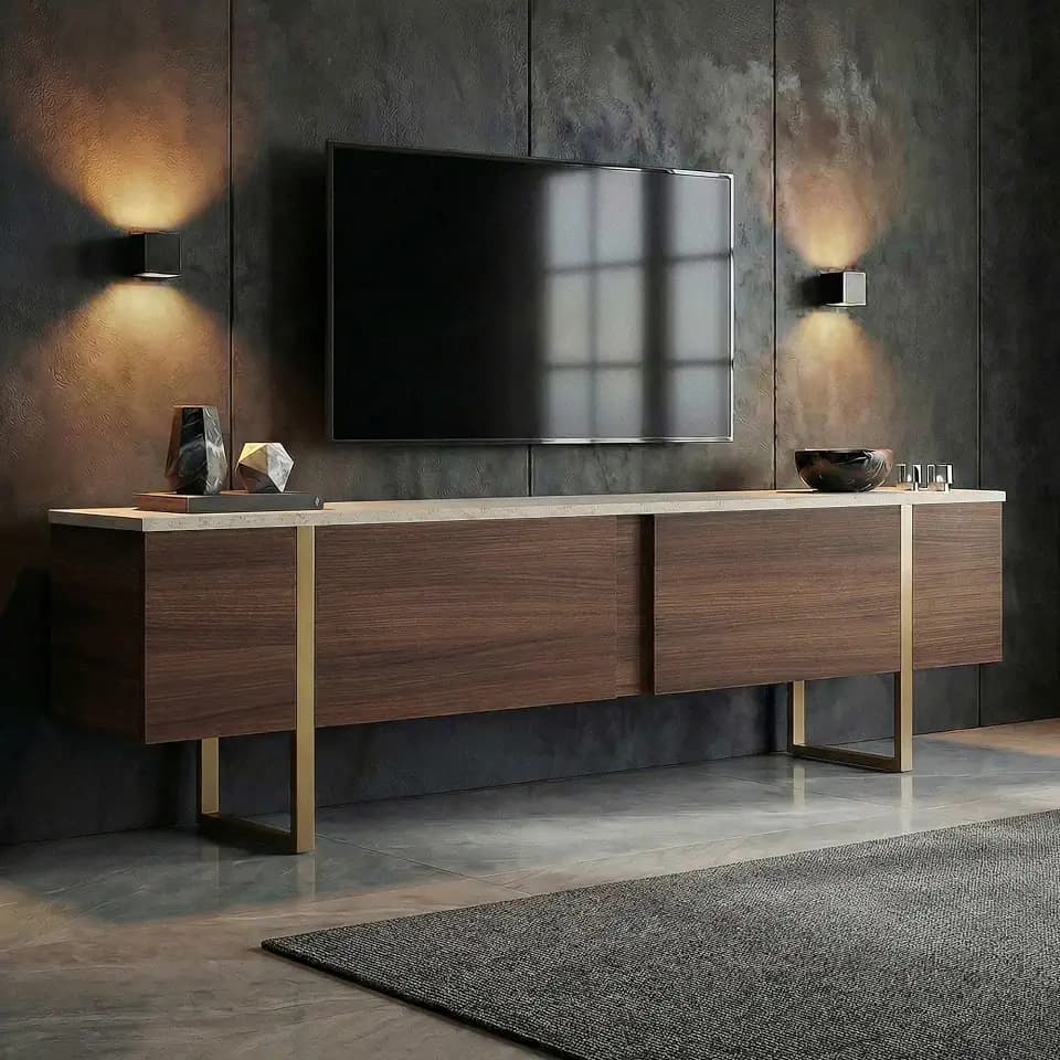 Eleganter TV-Ständer, 180 cm, Travertin & Mailänder Nussbaum mit goldenen Akzenten | 100% melaminbeschichtete Spanplatte, 18 mm stark | Stilvolles & funktionales Design