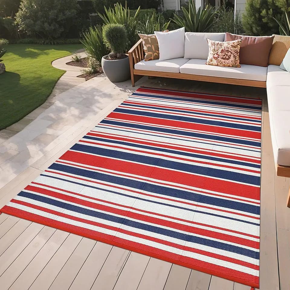COZYLOOM 10x14 Camping Rugs for Outside Your RV, Modern Striped Patio Rugs Outdoor Waterproof Plastic Straw Rug, Reversible UV Resistant Neutral Area Rug for Backyard, Picnic, Deck, Red/Blue