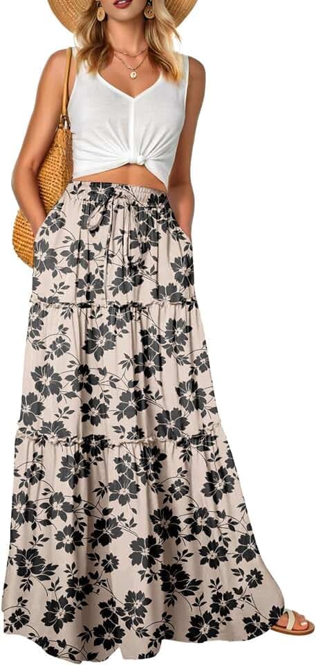 QIXING Damen Maxirock Sommer Boho Blumen Muster Hohe Taille Elastischer Bund Langer Fließender Rock mit Taschen Stufenrock Elegant Luftig