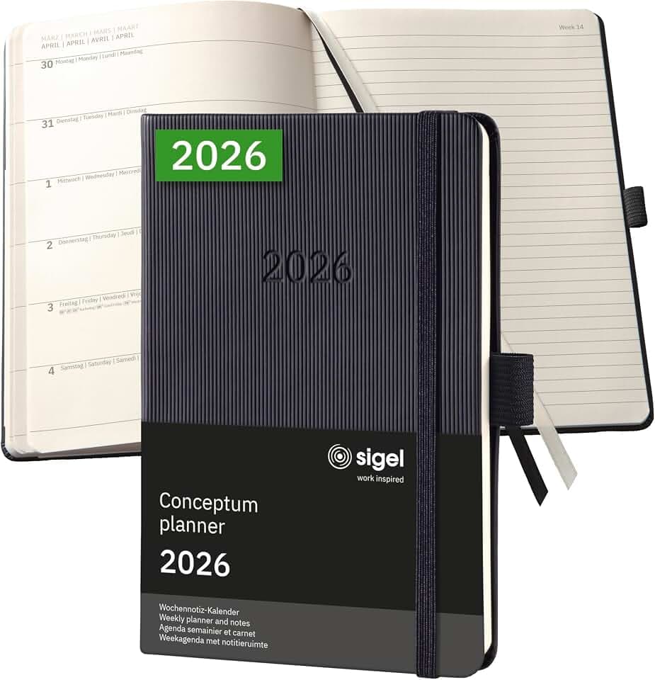SIGEL C2615 Terminplaner Wochennotiz-Kalender 2026, ca. A6, schwarz, Hardcover, 176 Seiten, Gummiband, Stiftschlaufe, Archivtasche, aus nachhaltigem Papier, Kalenderbuch Conceptum