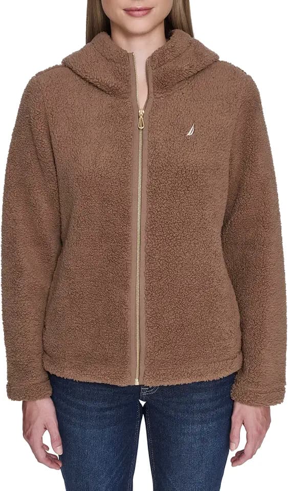 Nautica Women's Solid Sherpa Zipup Hoodie Jacket