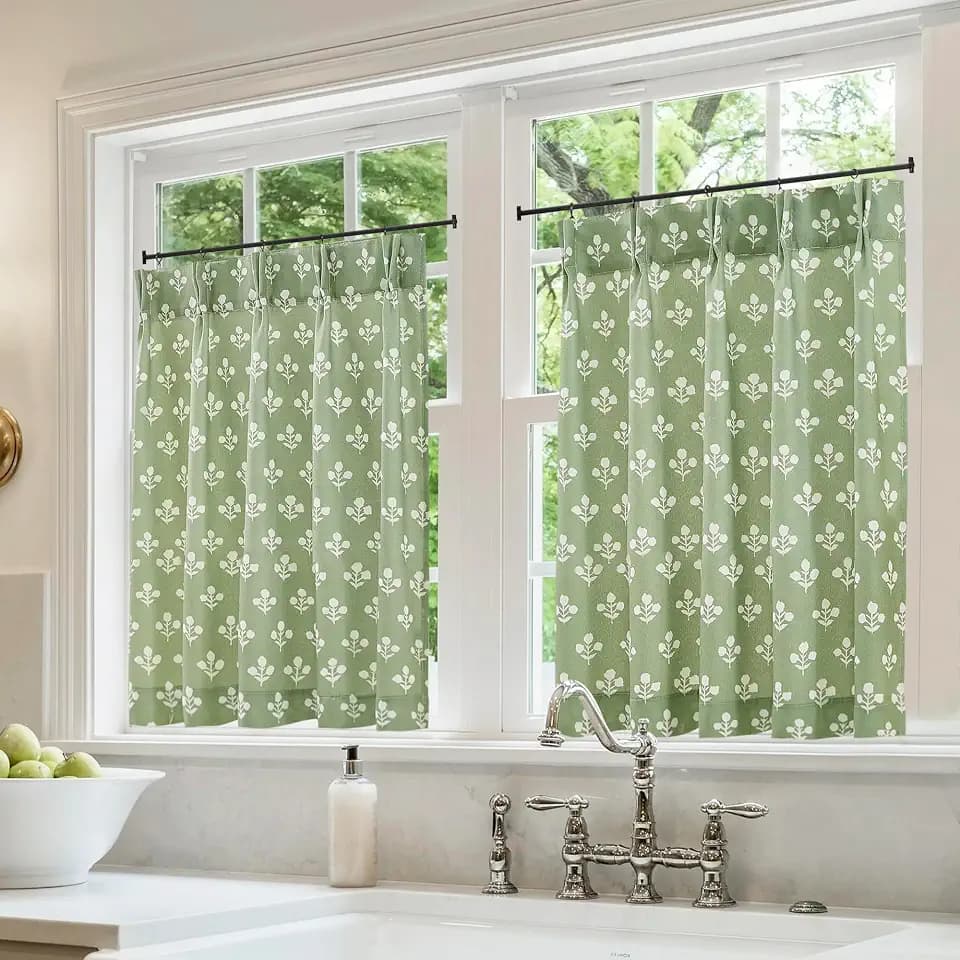 Sage Green Cafe Curtains 28 Inch Length for Kitchen Small Window Flower Pattern Curtains