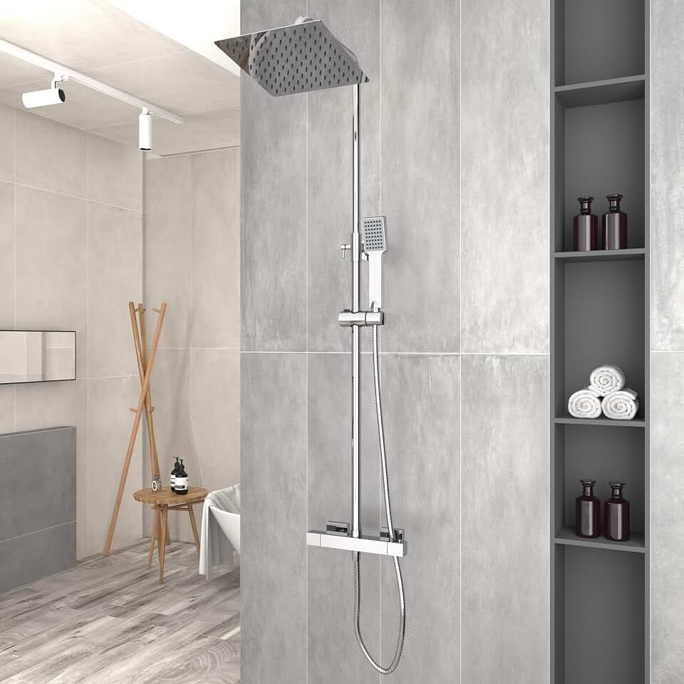 Chrom Duschsystem mit Thermostat Wassersparend mit Handbrause und t Kopfbrause Rechteckig,Thermostat Duschset 304 rostfreier Stahl