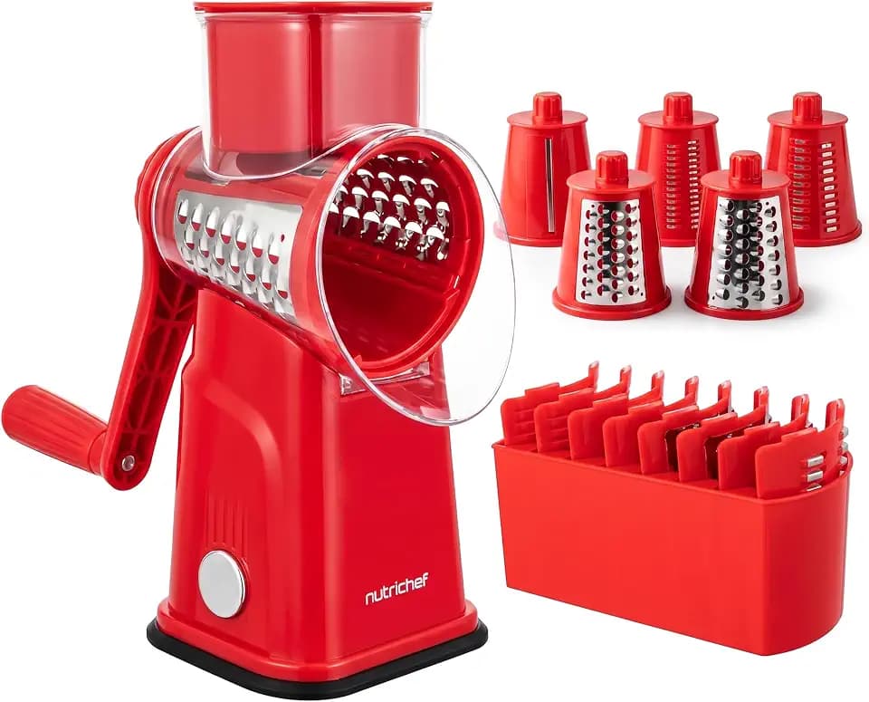 NutriChef 5 in 1 Cheese Grater & Shredder | 5 Different Blades for Thin, Thick, Julienne Strips, Wavy, & Straight Strips | Includes Hand Crank, Strong Suction Base & Storage Container | Red