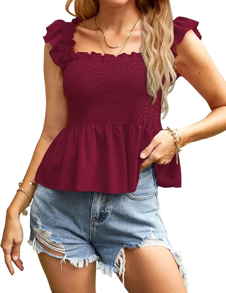 Clarisbelle Women's Smocked Peplum Top Ruffle Babydoll Going Out Tank Shirt