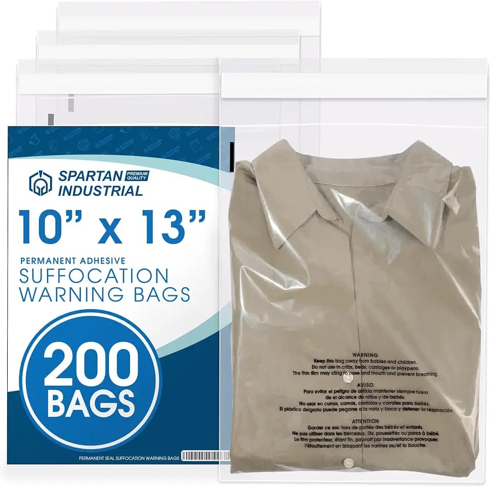 10” X 13” (200 Count) Self Seal Clear Poly Bags with Suffocation Warning