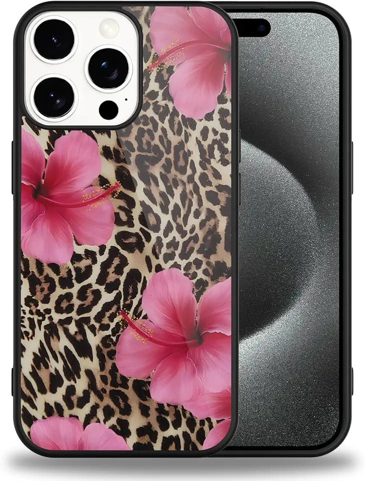 Cheetah Print Phone Case for iPhone 15 Pro 6.1'' Hibiscus & Leopard Print Phone Case (Military Grade Drop Protection) Slim Shockproof Phone Cover for Girls Women